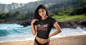 Hawaiian woman on the beach wearing I LAVA HAWAII crop tshirt